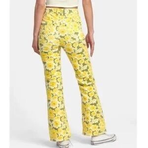 RVCA Groove Corduroy Floral Hippie Flare Yellow Green Boho Retro Pants Size 26